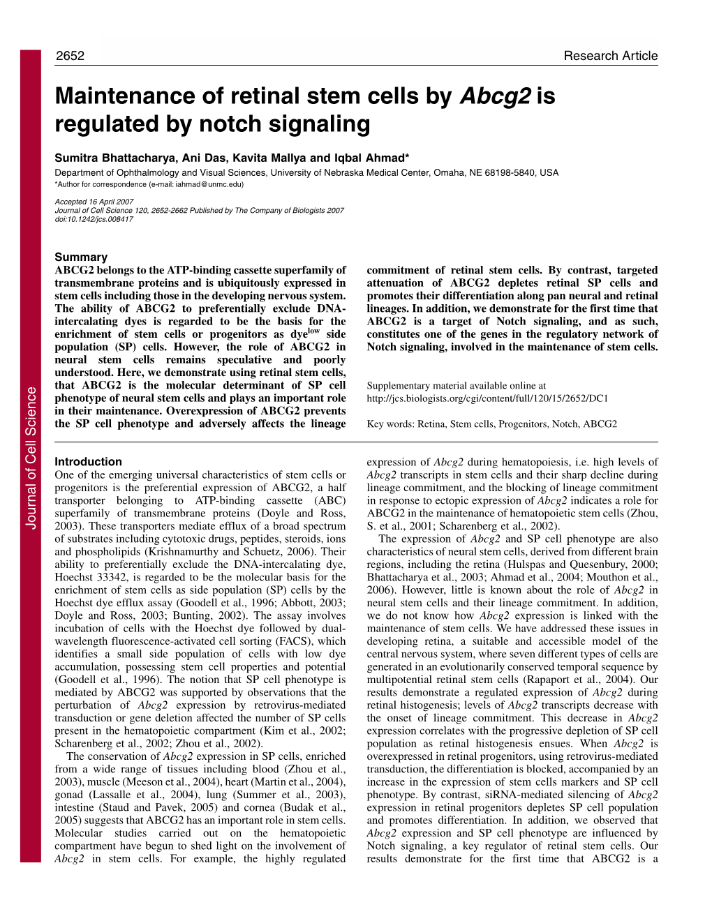 Maintenance of Retinal Stem Cells by Abcg2 Is Regulated by Notch Signaling