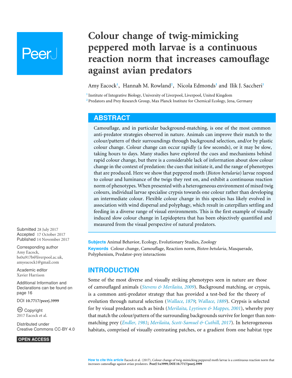 Colour Change of Twig-Mimicking Peppered Moth Larvae Is a Continuous Reaction Norm That Increases Camouflage Against Avian Predators