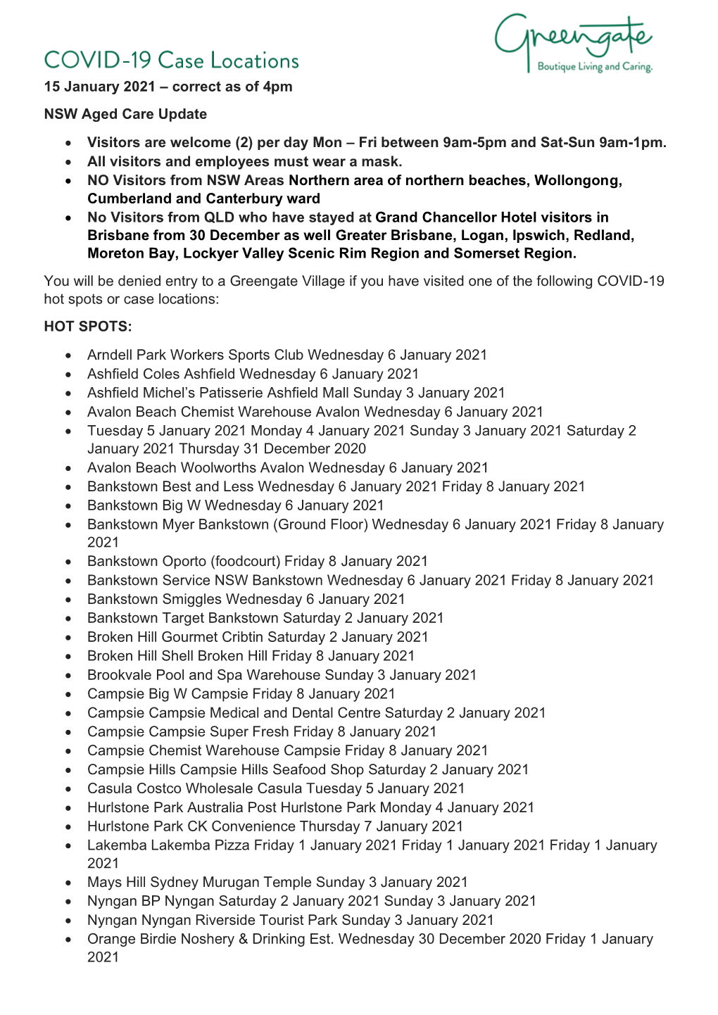 15 January 2021 – Correct As of 4Pm NSW Aged Care Update • Visitors Are Welcome (2) Per Day Mon – Fri Between 9Am-5Pm and Sat-Sun 9Am-1Pm