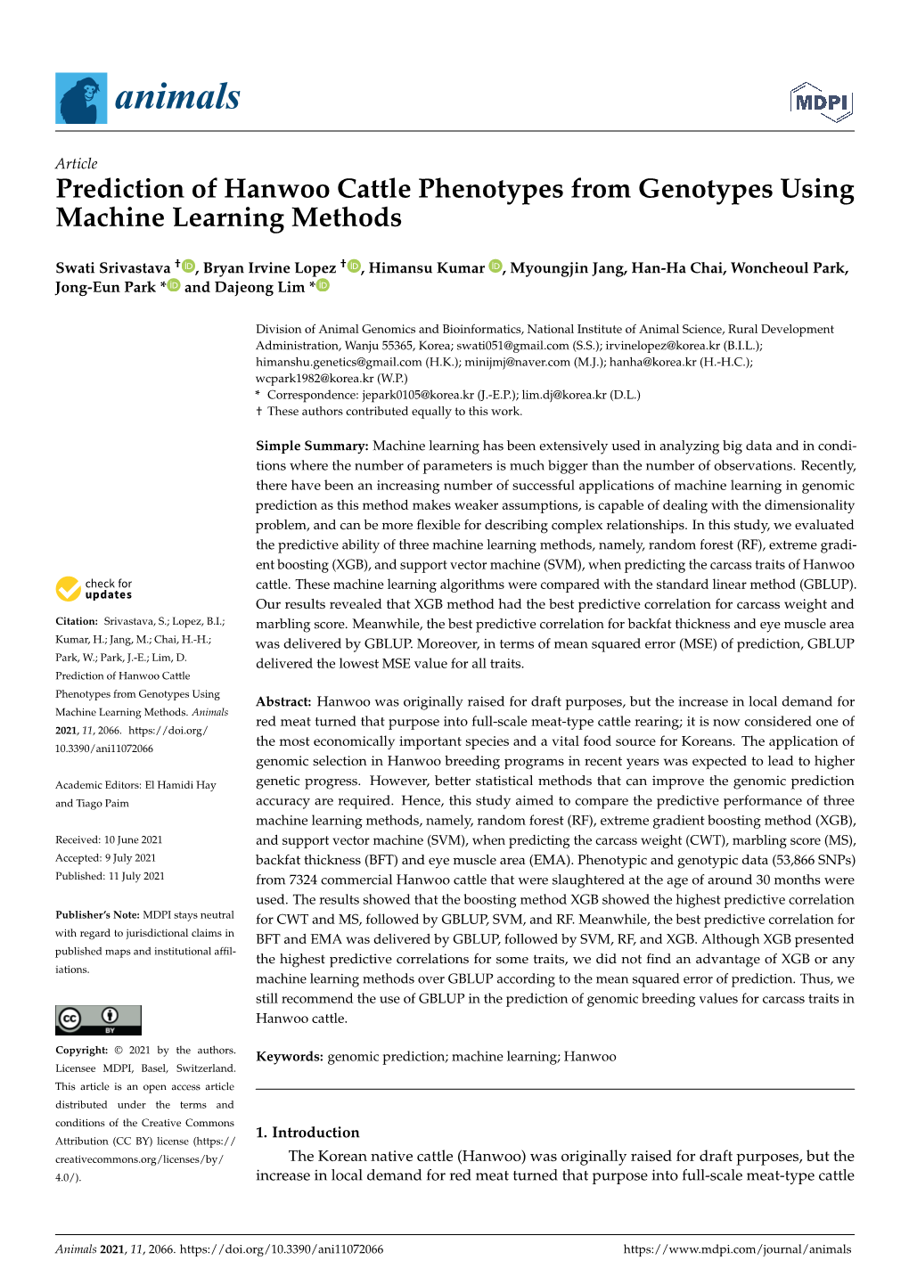 Prediction of Hanwoo Cattle Phenotypes from Genotypes Using Machine Learning Methods