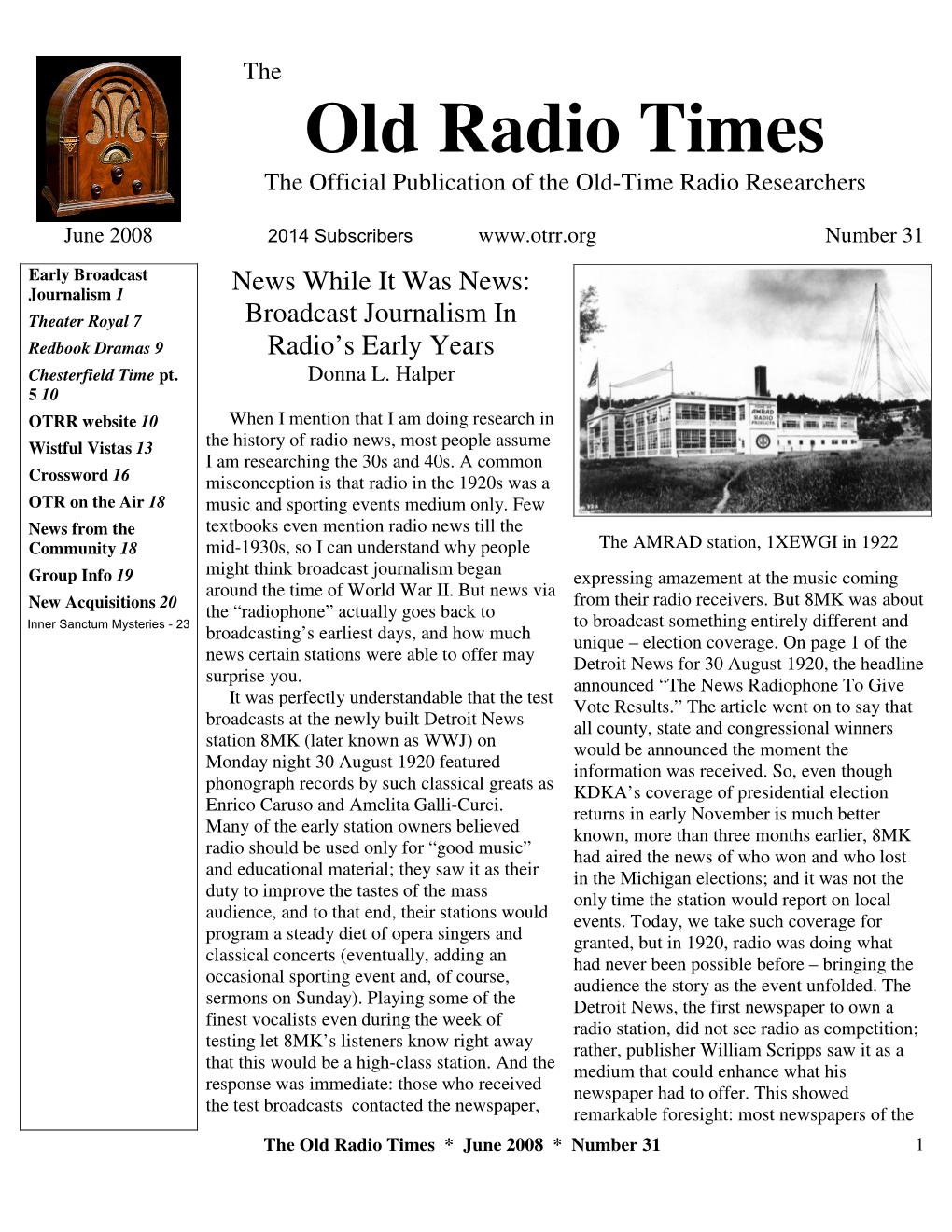 Old Radio Times the Official Publication of the Old-Time Radio Researchers