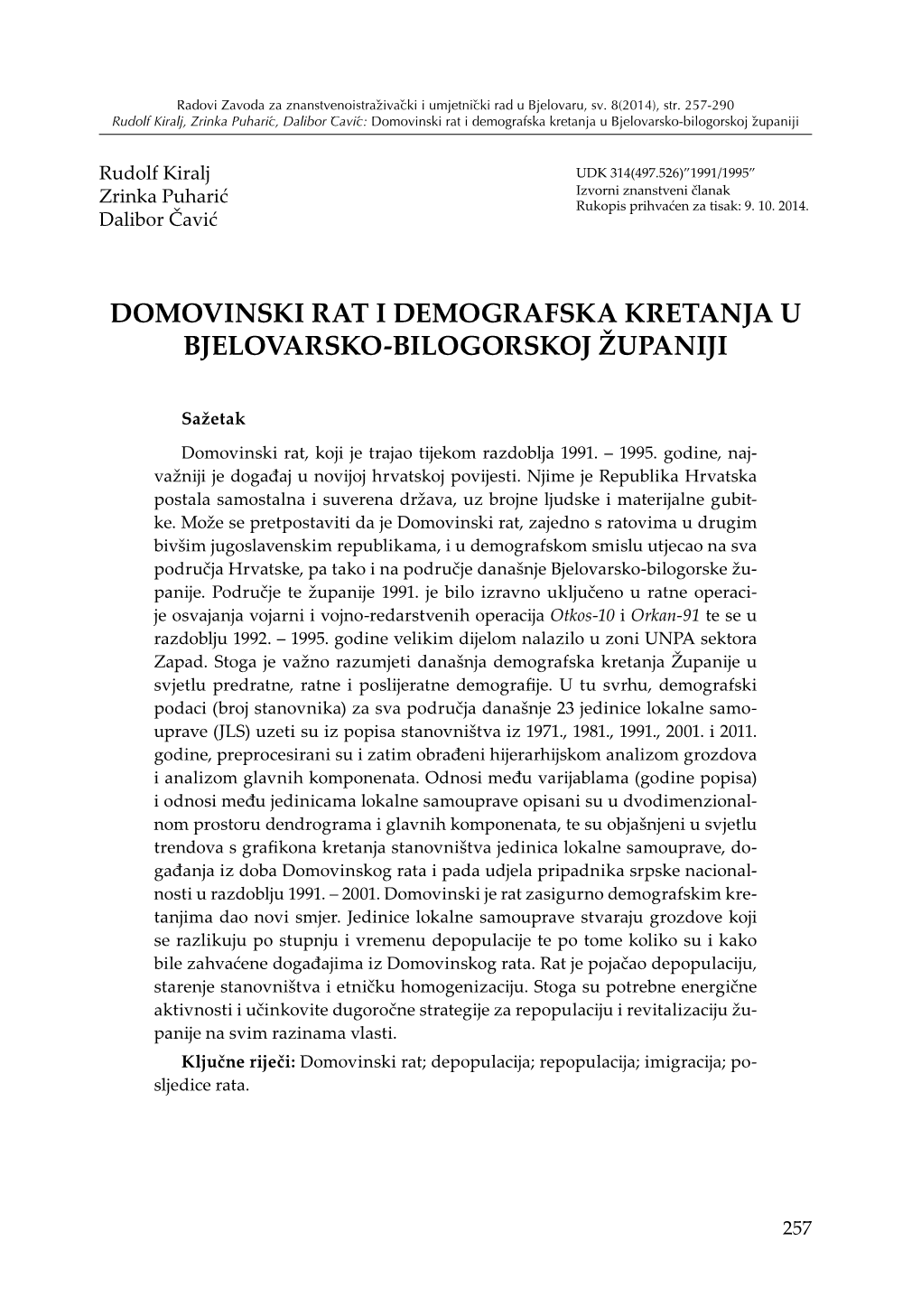 Domovinski Rat I Demografska Kretanja U Bjelovarsko-Bilogorskoj Županiji