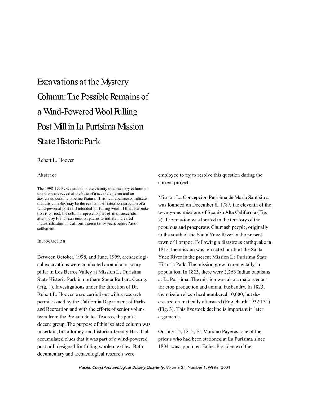 Excavations at the Mystery Column: the Possible Remains of a Wind-Powered Wool Fulling Post Mill in La Purísima Mission State Historic Park
