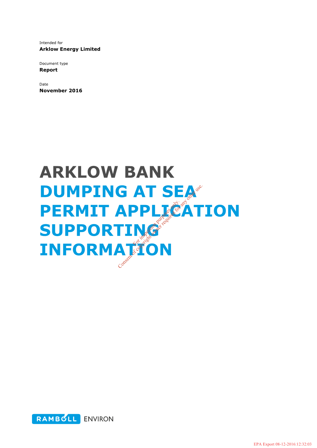 ARKLOW BANK DUMPING at SEA PERMIT APPLICATION SUPPORTING INFORMATION for Inspection Purposes Only