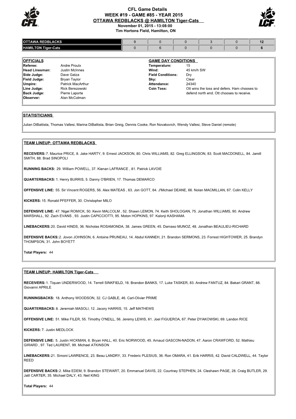 CFL Game Details WEEK #19 - GAME #85 - YEAR 2015 OTTAWA REDBLACKS @ HAMILTON Tiger-Cats November 01, 2015 - 13:08:00 Tim Hortons Field, Hamilton, ON