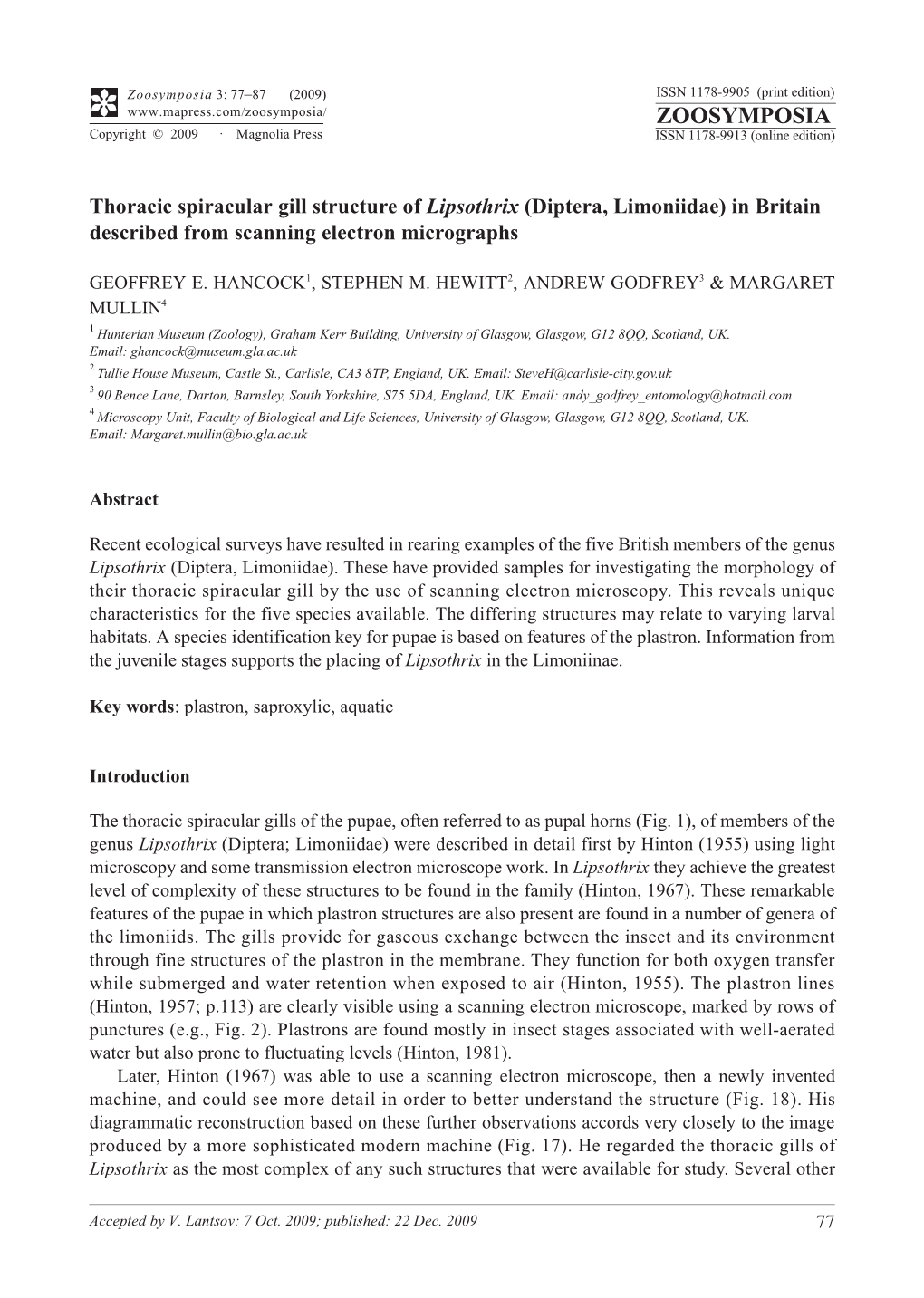 Zoosymposia 3: 77–87 (2009) ISSN 1178-9905 (Print Edition) ZOOSYMPOSIA Copyright © 2009 · Magnolia Press ISSN 1178-9913 (Online Edition)