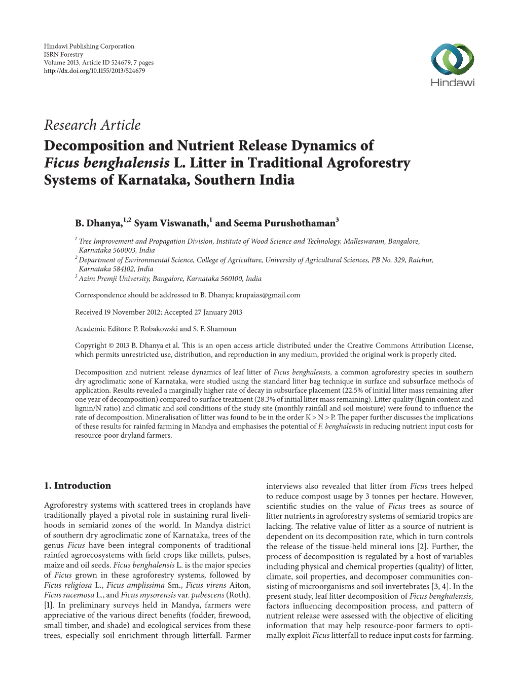 Research Article Decomposition and Nutrient Release Dynamics of Ficus Benghalensis L