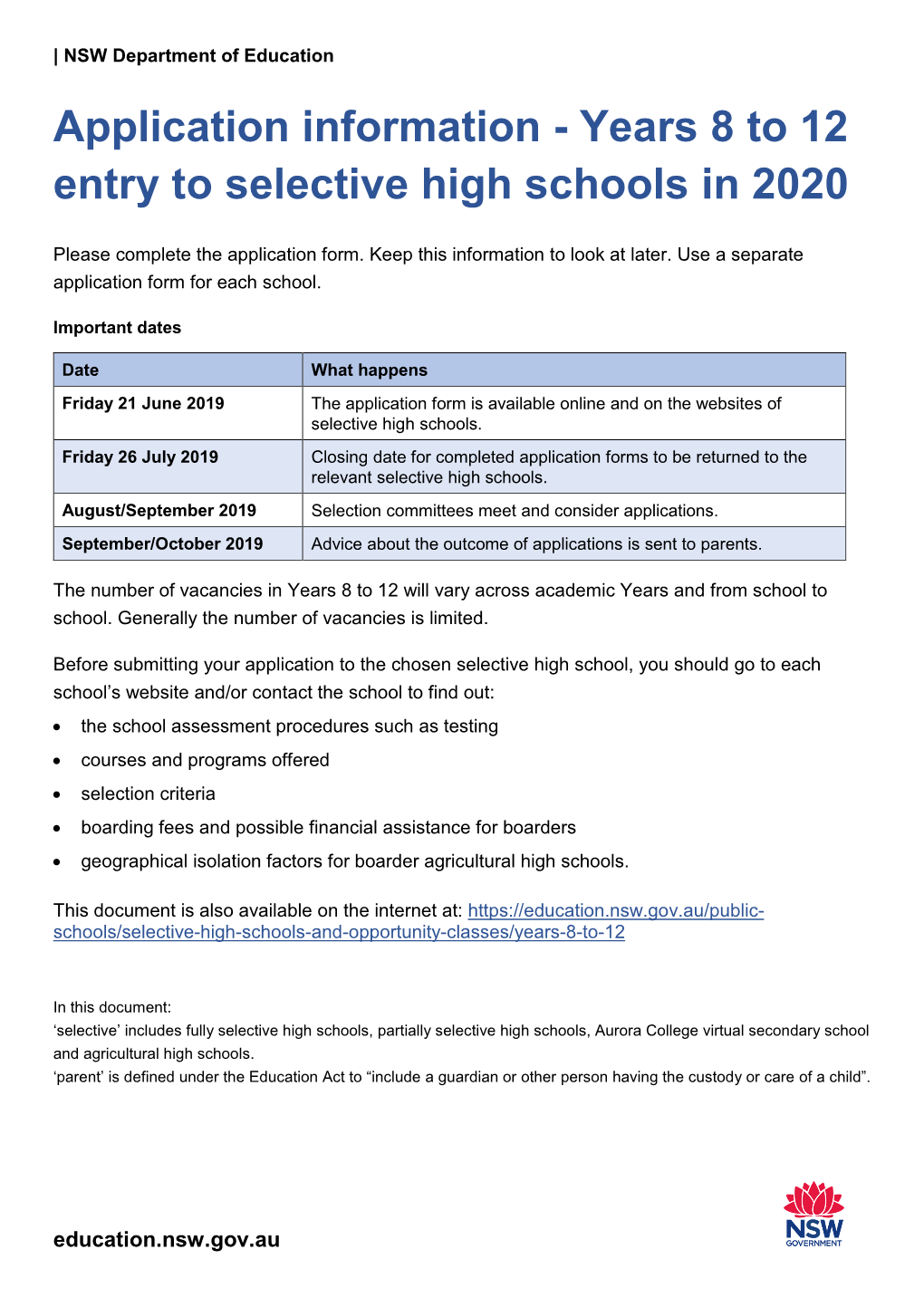 Selective High Schools Years 8 to 12 Application Information How to Apply