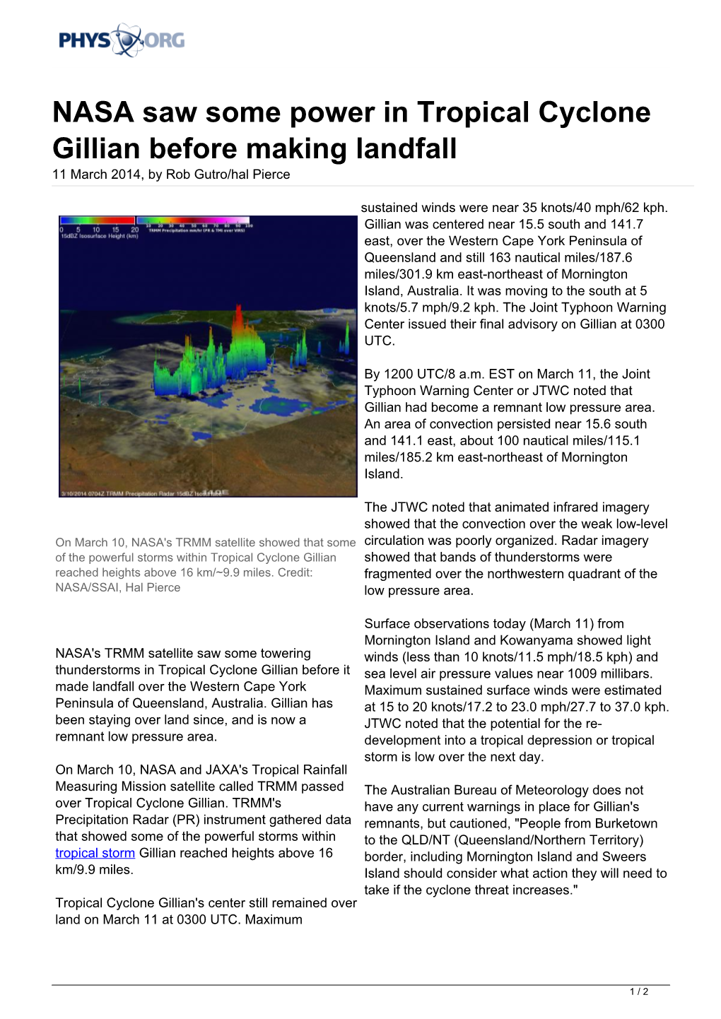 NASA Saw Some Power in Tropical Cyclone Gillian Before Making Landfall 11 March 2014, by Rob Gutro/Hal Pierce