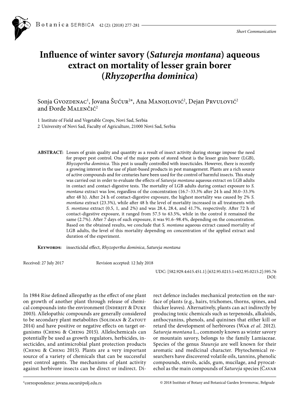 Influence of Winter Savory (Satureja Montana) Aqueous Extract on Mortality of Lesser Grain Borer (Rhyzopertha Dominica)