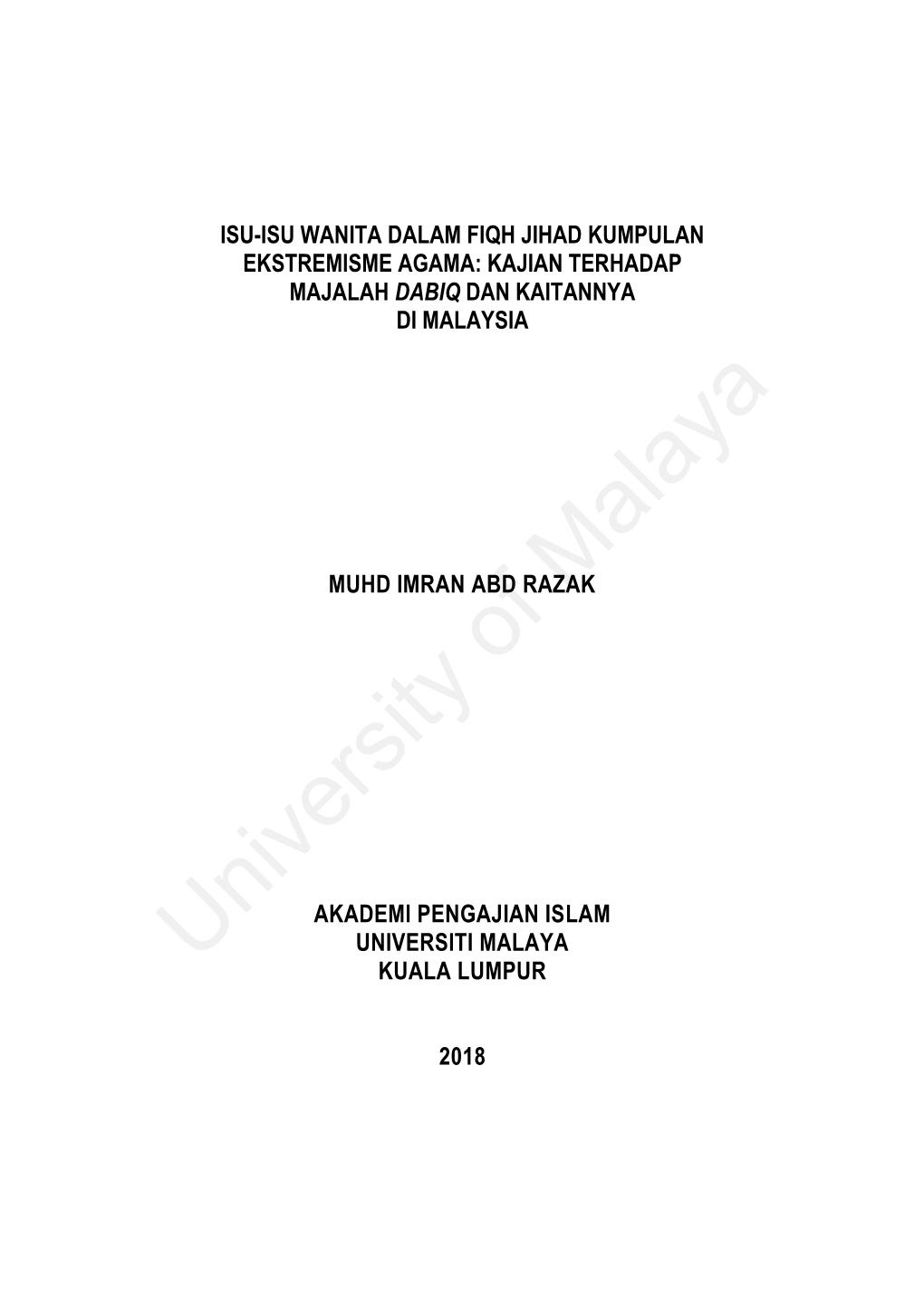 Isu-Isu Wanita Dalam Fiqh Jihad Kumpulan Ekstremisme Agama: Kajian Terhadap Majalah Dabiq Dan Kaitannya Di Malaysia