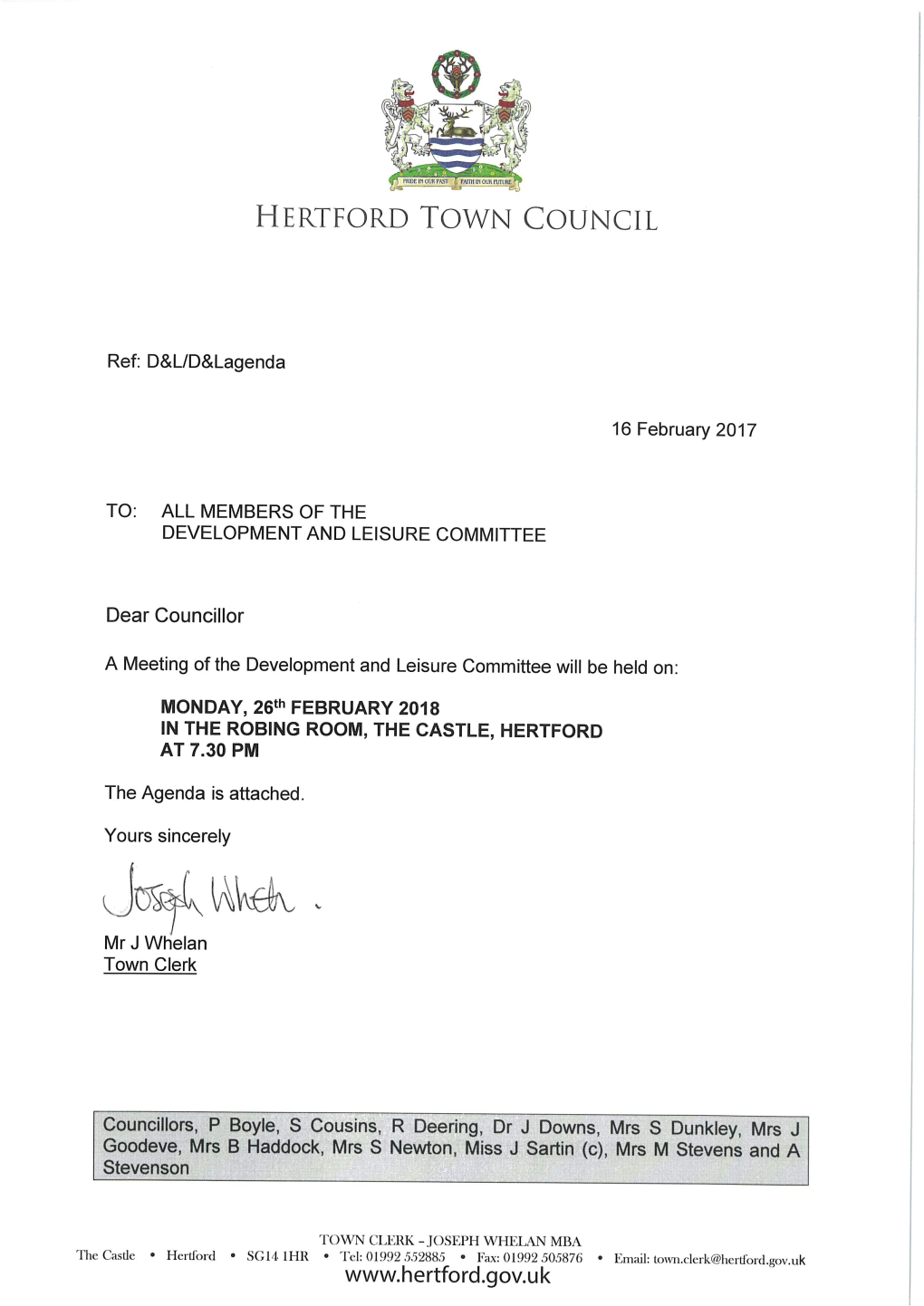 Agenda - Meeting of the Development and Leisure Committee to Be Held on Monday, 26 February 2018 at 7.30Pm in the Robing Room, the Castle, Hertford