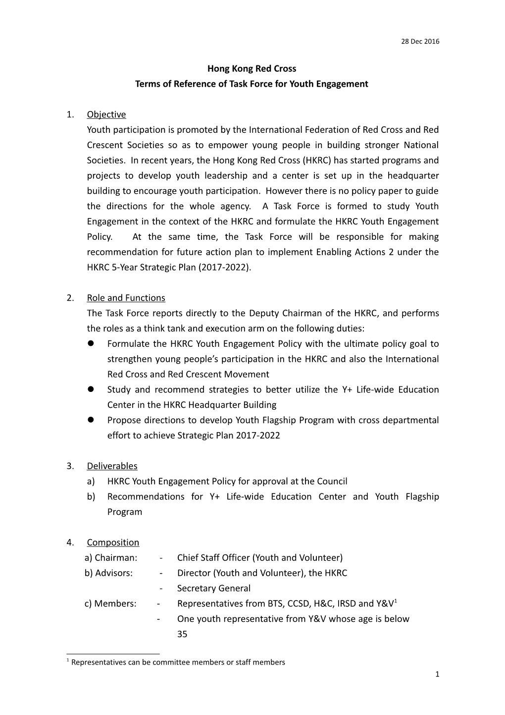 Terms of Reference of Task Force for Youth Engagement