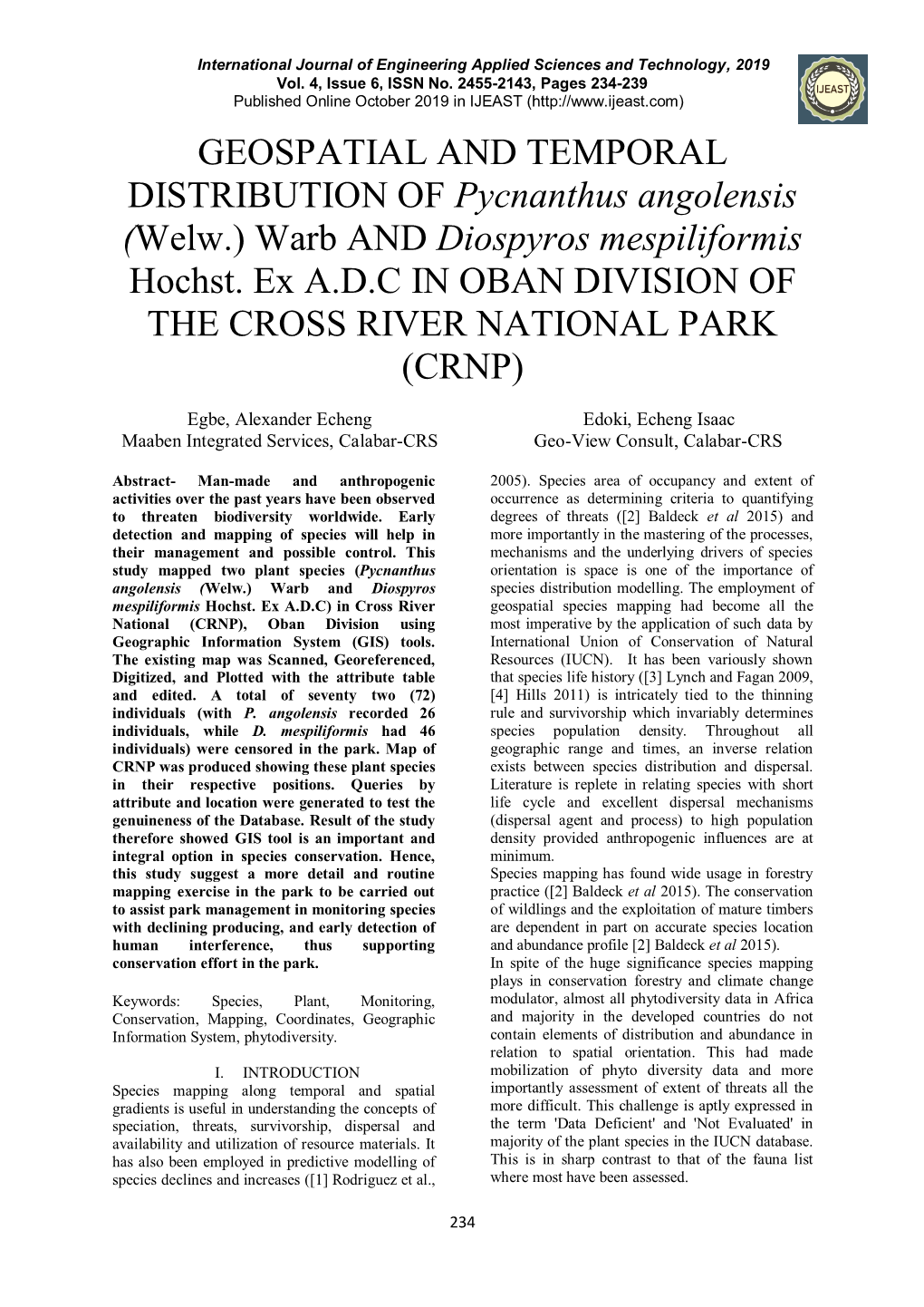 Welw.) Warb and Diospyros Mespiliformis Hochst. Ex A.D.C in OBAN DIVISION of the CROSS RIVER NATIONAL PARK (CRNP