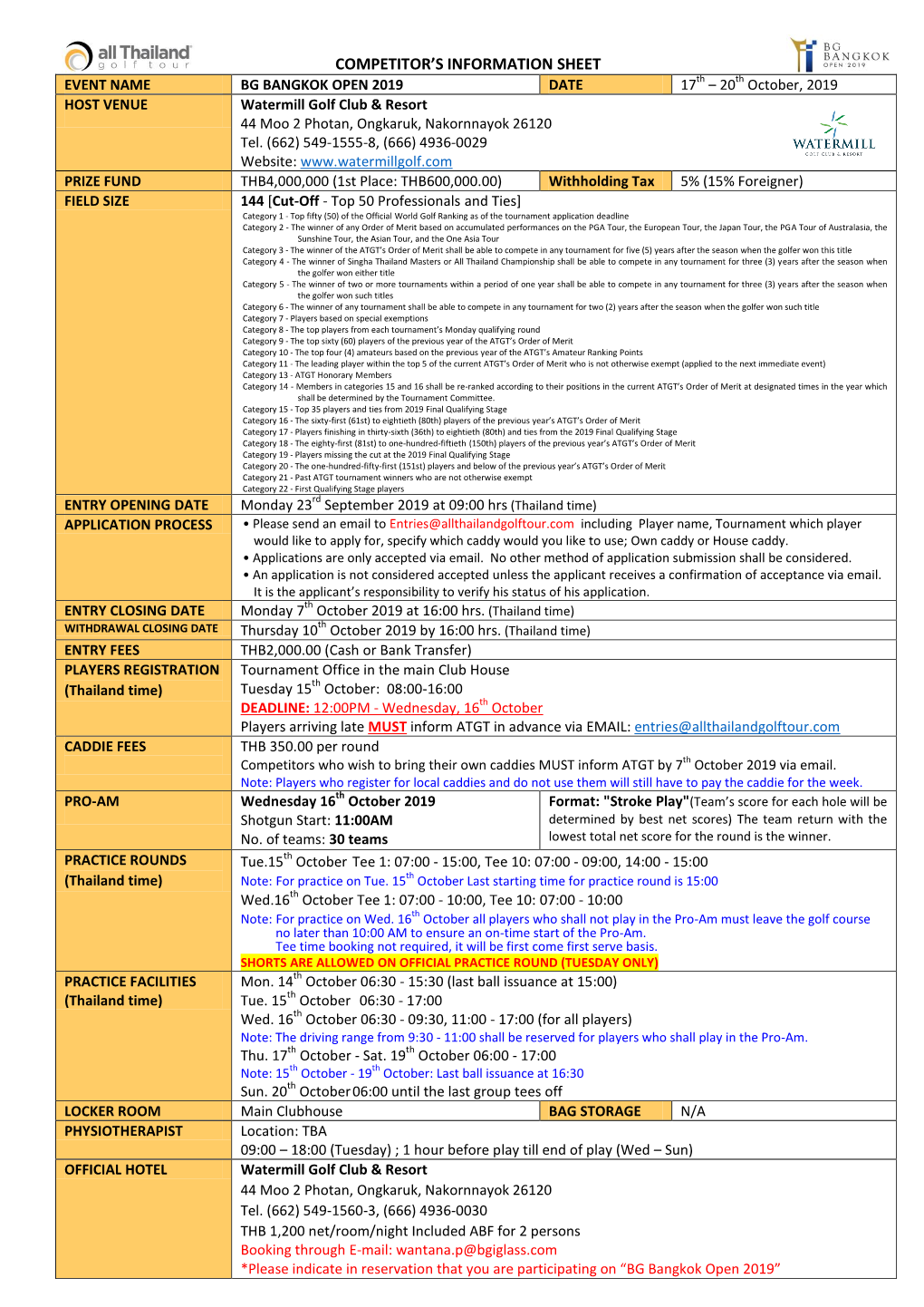 Competitor's Information Sheet