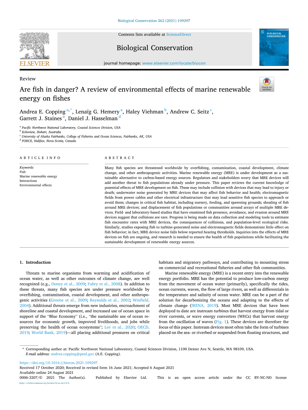 A Review of Environmental Effects of Marine Renewable Energy on Fishes