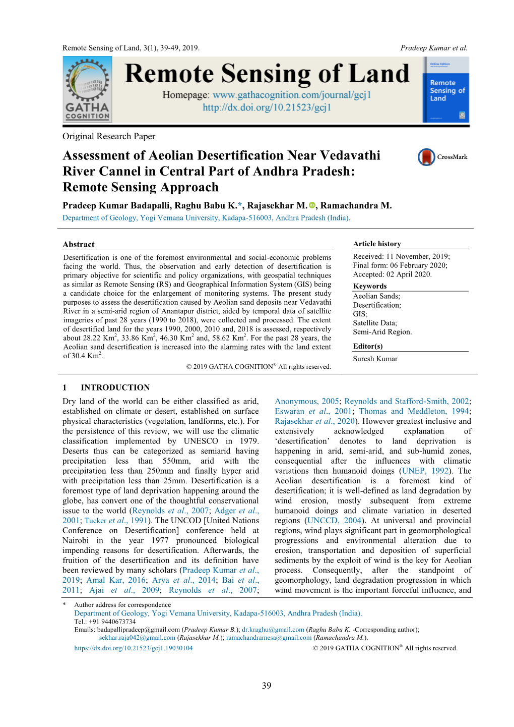 Assessment of Aeolian Desertification Near Vedavathi River Cannel In