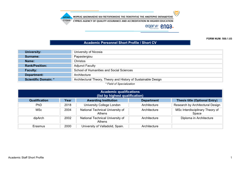 Academic Personnel Short Profile / Short CV