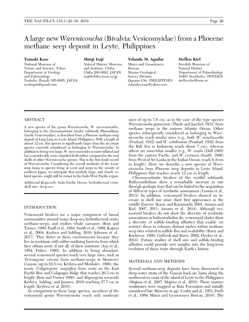 (Bivalvia: Vesicomyidae) from a Pliocene Methane Seep Deposit in Leyte, Philippines