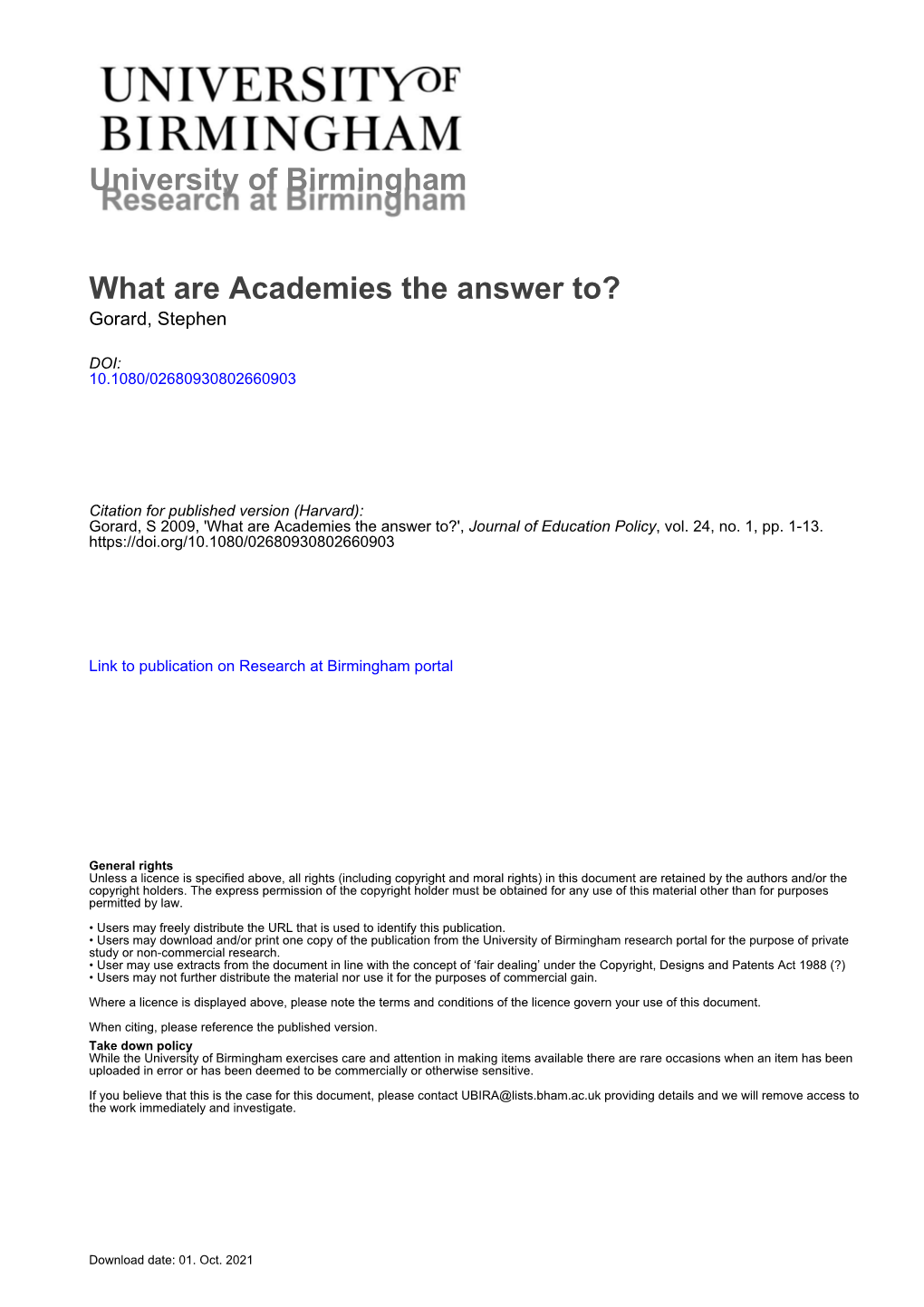What Are Academies the Answer To? Gorard, Stephen