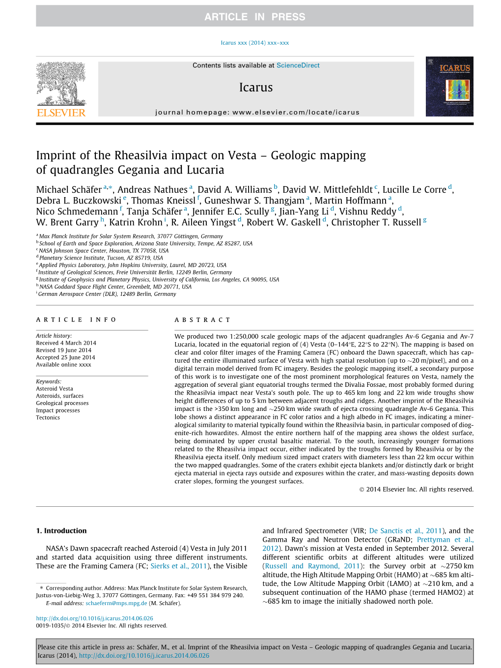 Geologic Mapping of Quadrangles Gegania and Lucaria ⇑ Michael Schäfer A, , Andreas Nathues A, David A