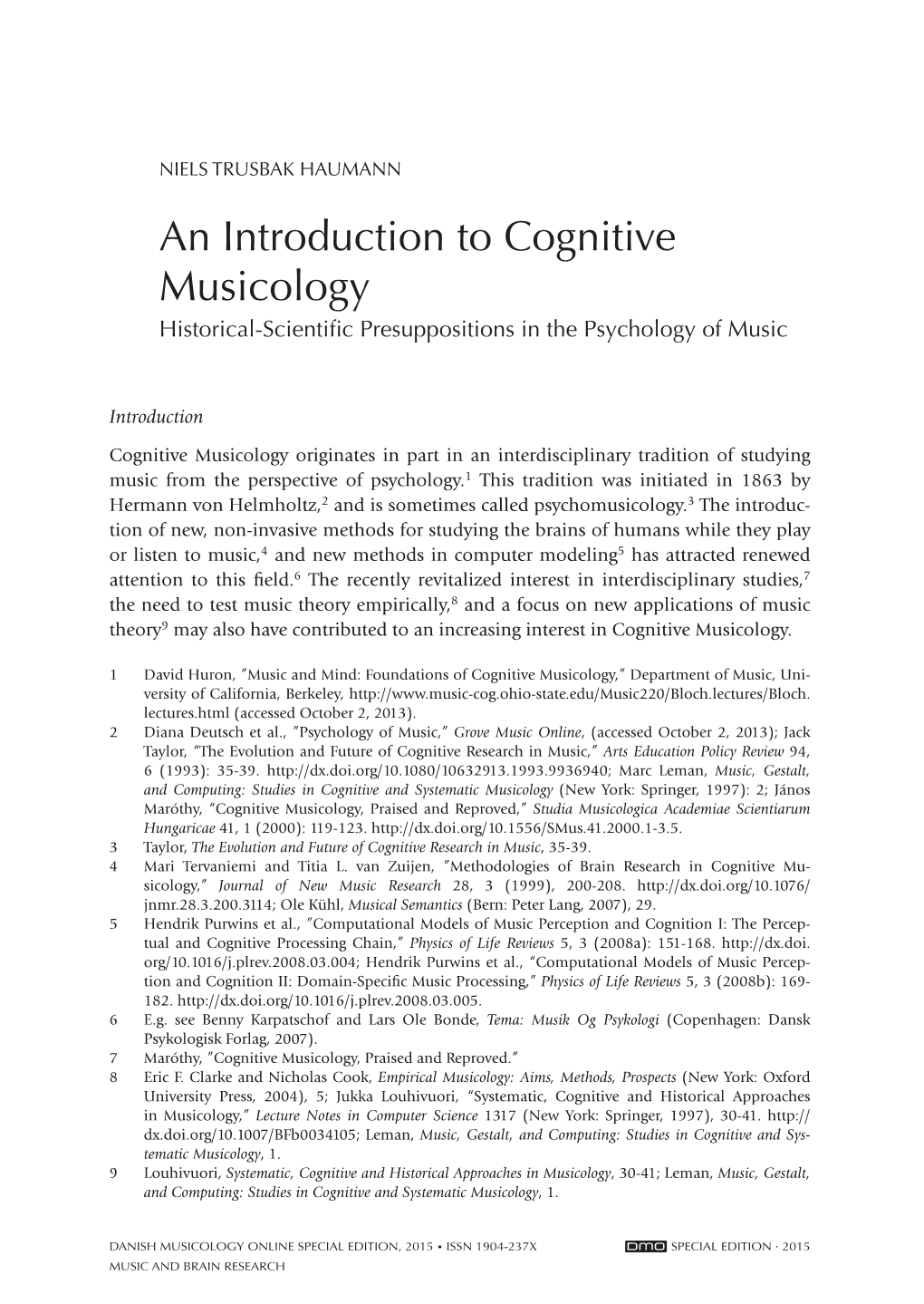 An Introduction to Cognitive Musicology Historical-Scientific Presuppositions in the Psychology of Music