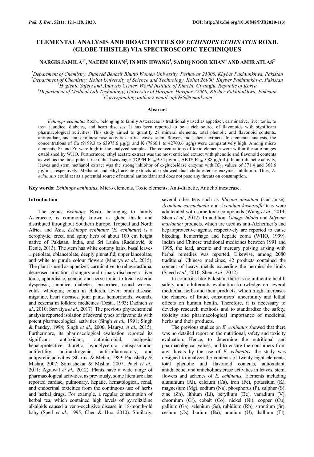 Elemental Analysis and Bioactivities of Echinops Echinatus Roxb. (Globe Thistle) Via Spectroscopic Techniques