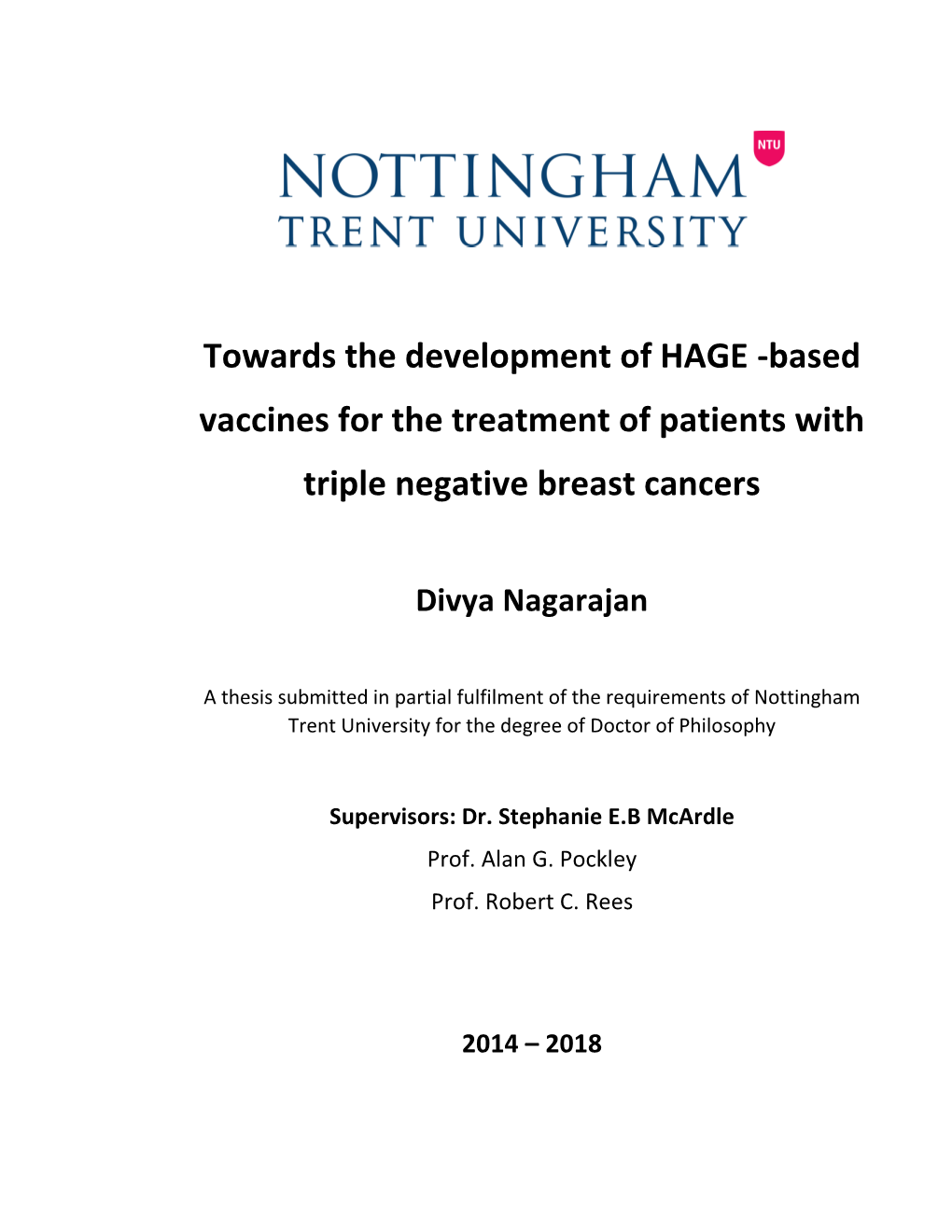 Towards the Development of HAGE -Based Vaccines for the Treatment of Patients with Triple Negative Breast Cancers