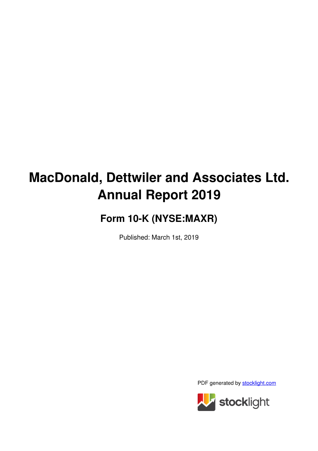 Macdonald, Dettwiler and Associates Ltd. Annual Report 2019