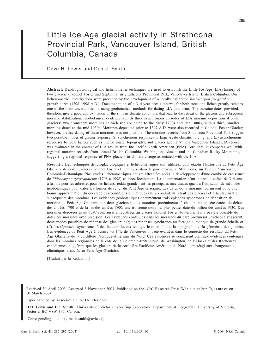 Little Ice Age Glacial Activity in Strathcona Provincial Park, Vancouver Island, British Columbia, Canada