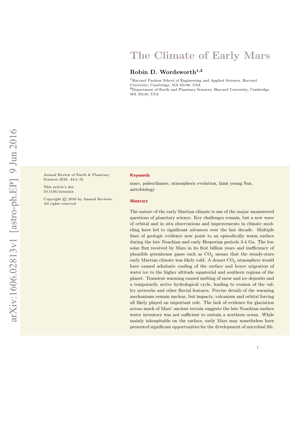 The Climate of Early Mars Arxiv:1606.02813V1 [Astro-Ph.EP]