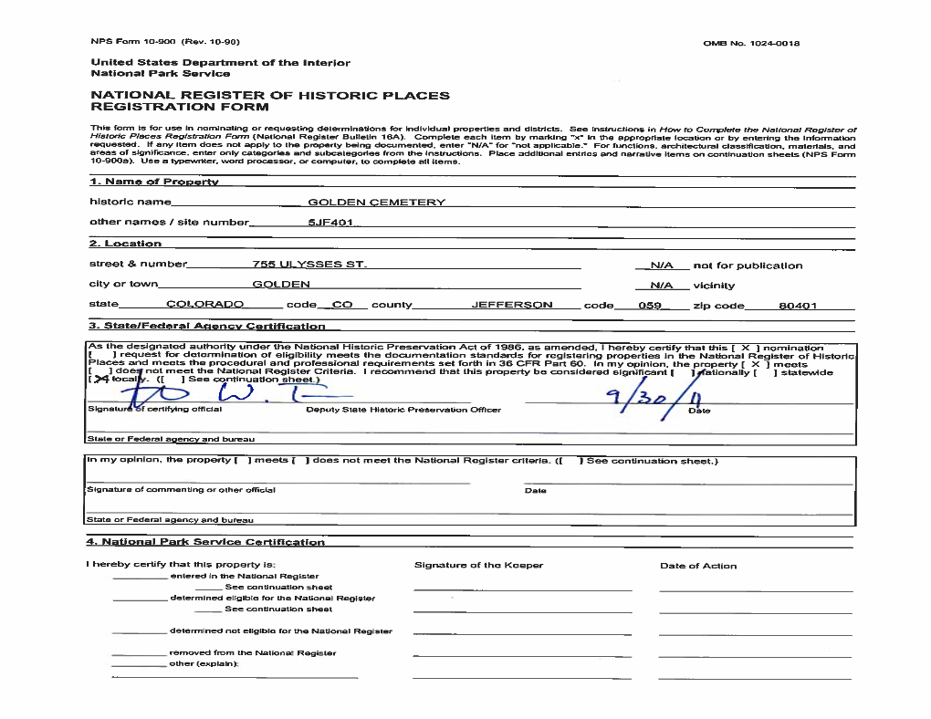 Golden Cemetery National Register Nomination, 5JF