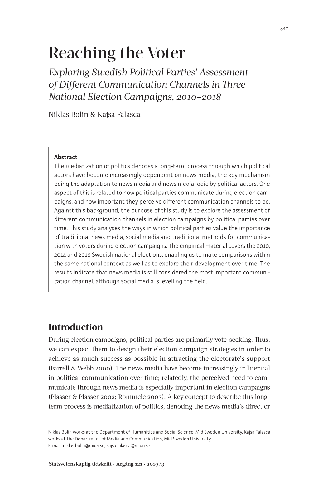 Reaching the Voter Exploring Swedish Political Parties’ Assessment of Different Communication Channels in Three National Election Campaigns, 2010–2018