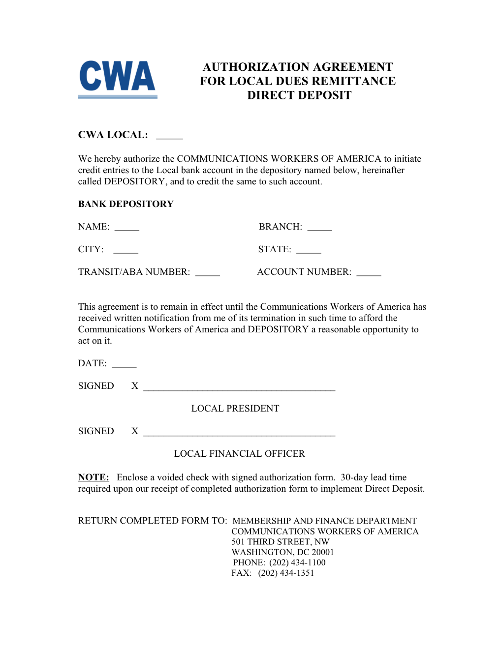 Authorization Agreement for Local Dues