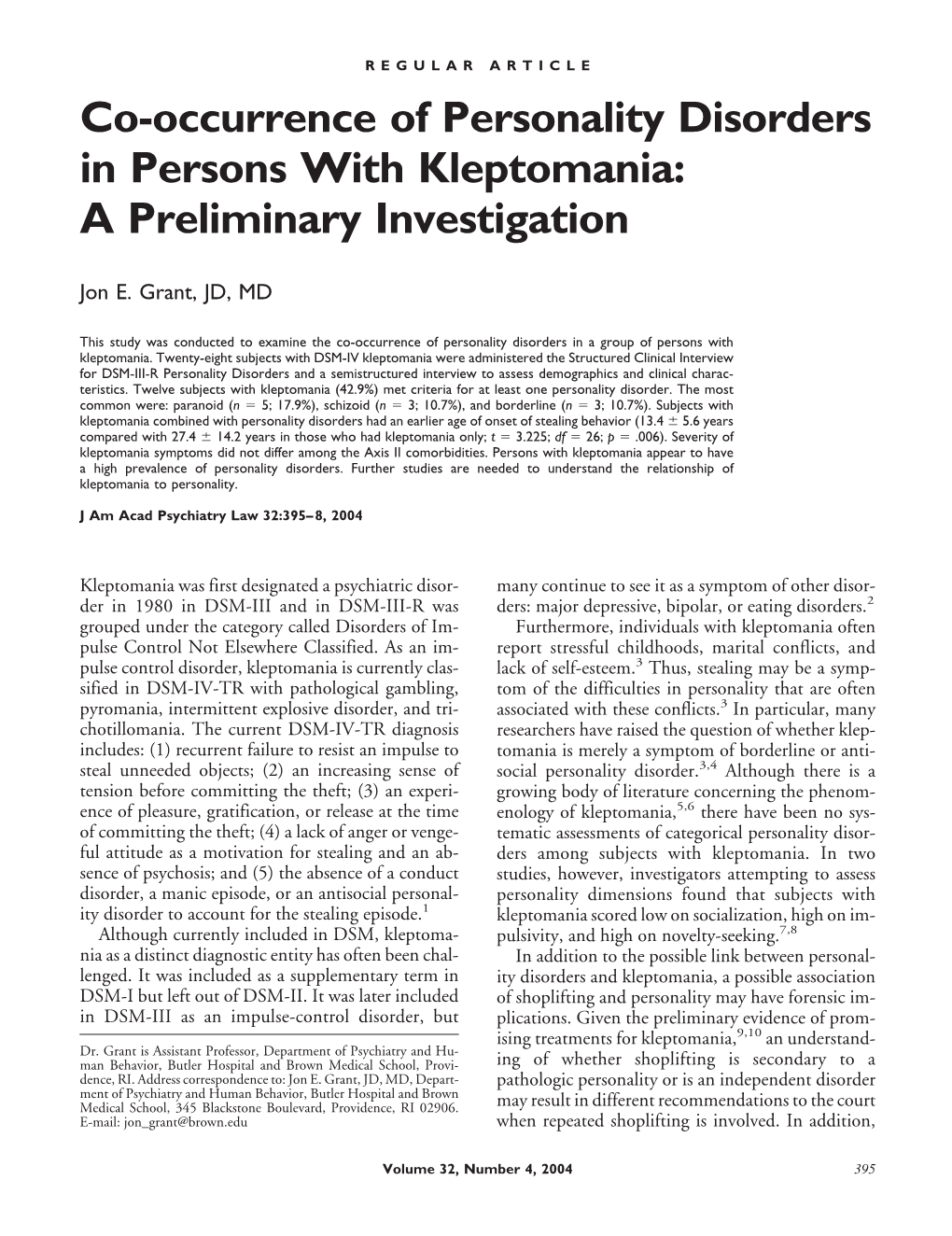 Co-Occurrence of Personality Disorders in Persons with Kleptomania: a Preliminary Investigation