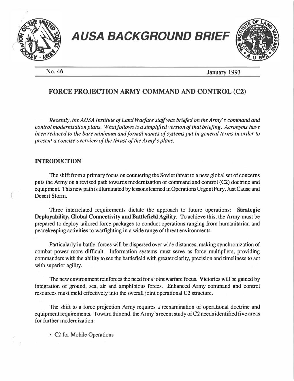 Force Projection Army Command and Control (C2)