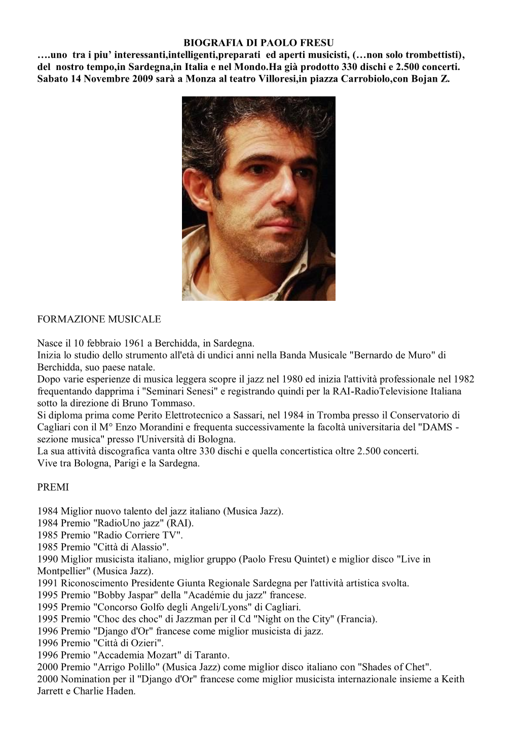 Biografia Di Paolo Fresu