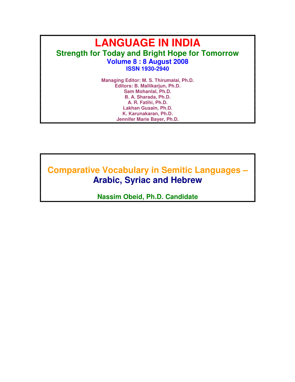 Comparative Vocabulary in Semitic Languages–Arabic, Syriac And