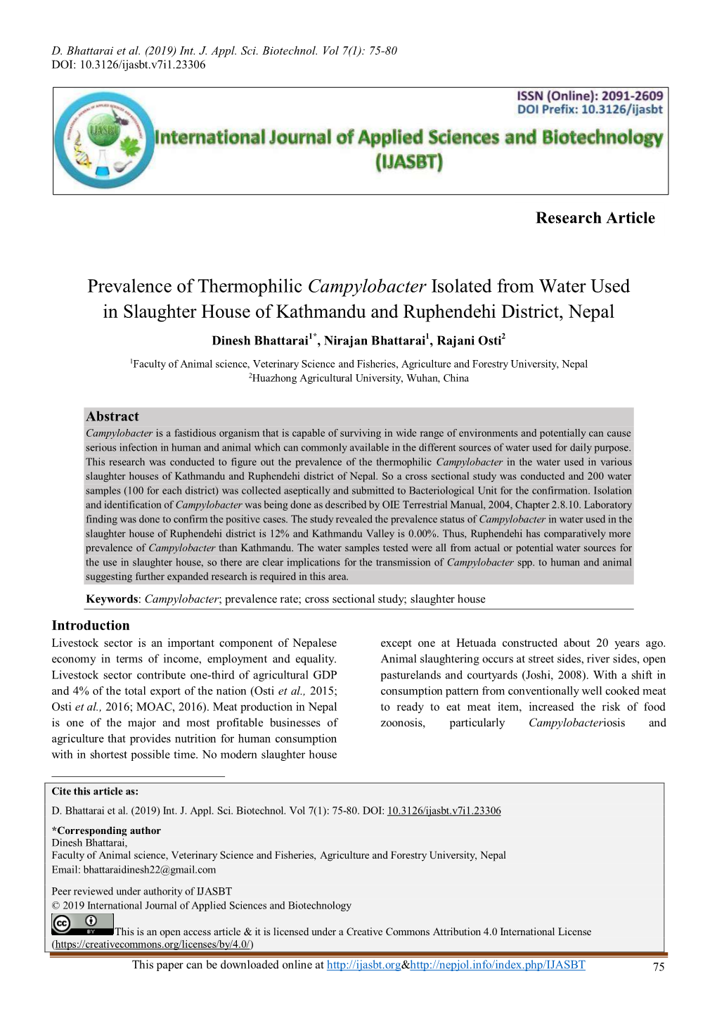 Prevalence of Thermophilic Campylobacter Isolated from Water