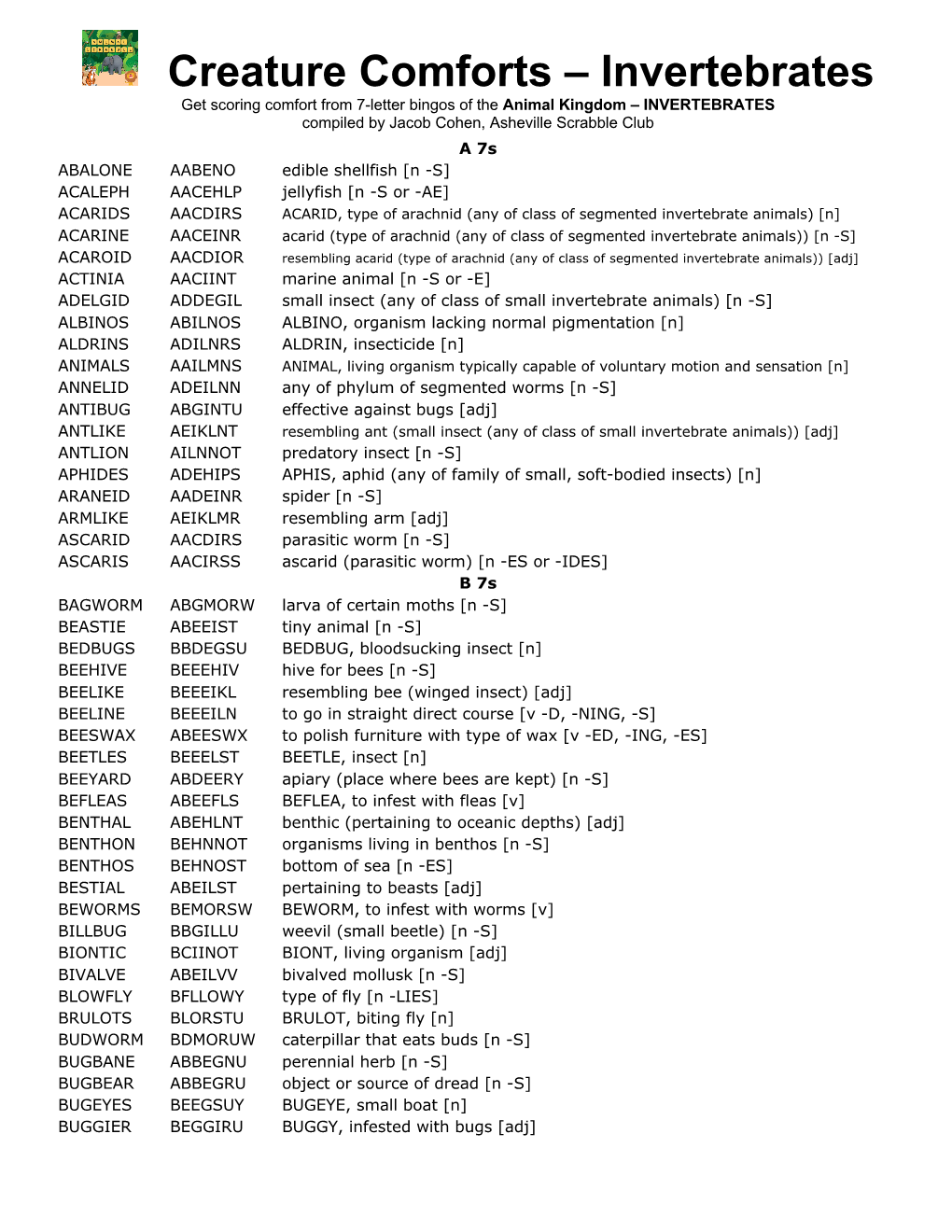 Invertebrates Get Scoring Comfort from 7-Letter Bingos of the Animal Kingdom – INVERTEBRATES Compiled by Jacob Cohen, Asheville Scrabble Club