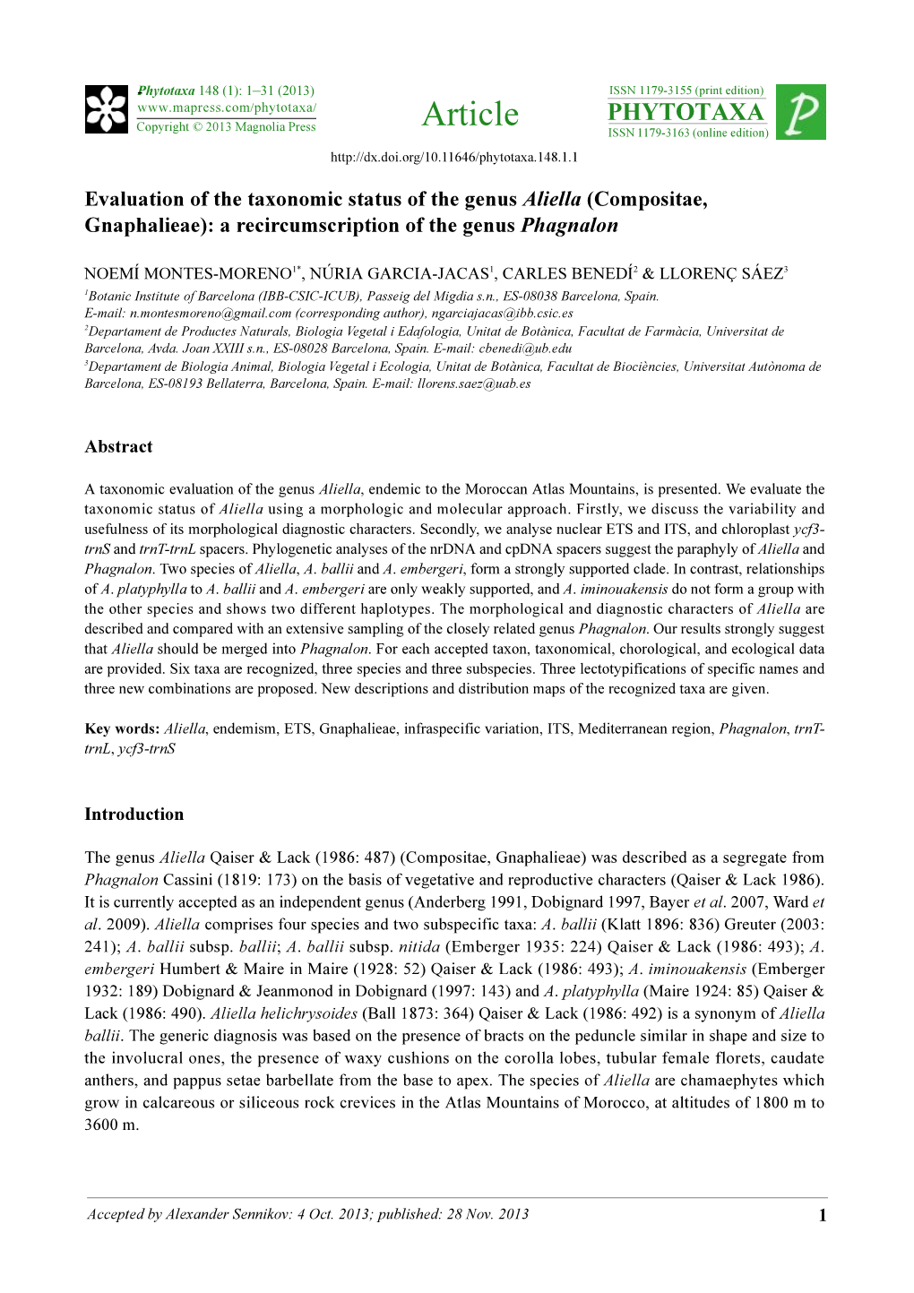 Evaluation of the Taxonomic Status of the Genus Aliella (Compositae, Gnaphalieae): a Recircumscription of the Genus Phagnalon