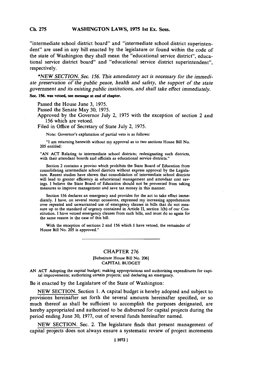 Ch 275WASHINGTON LAWS, 1975 1St Ex. Sess