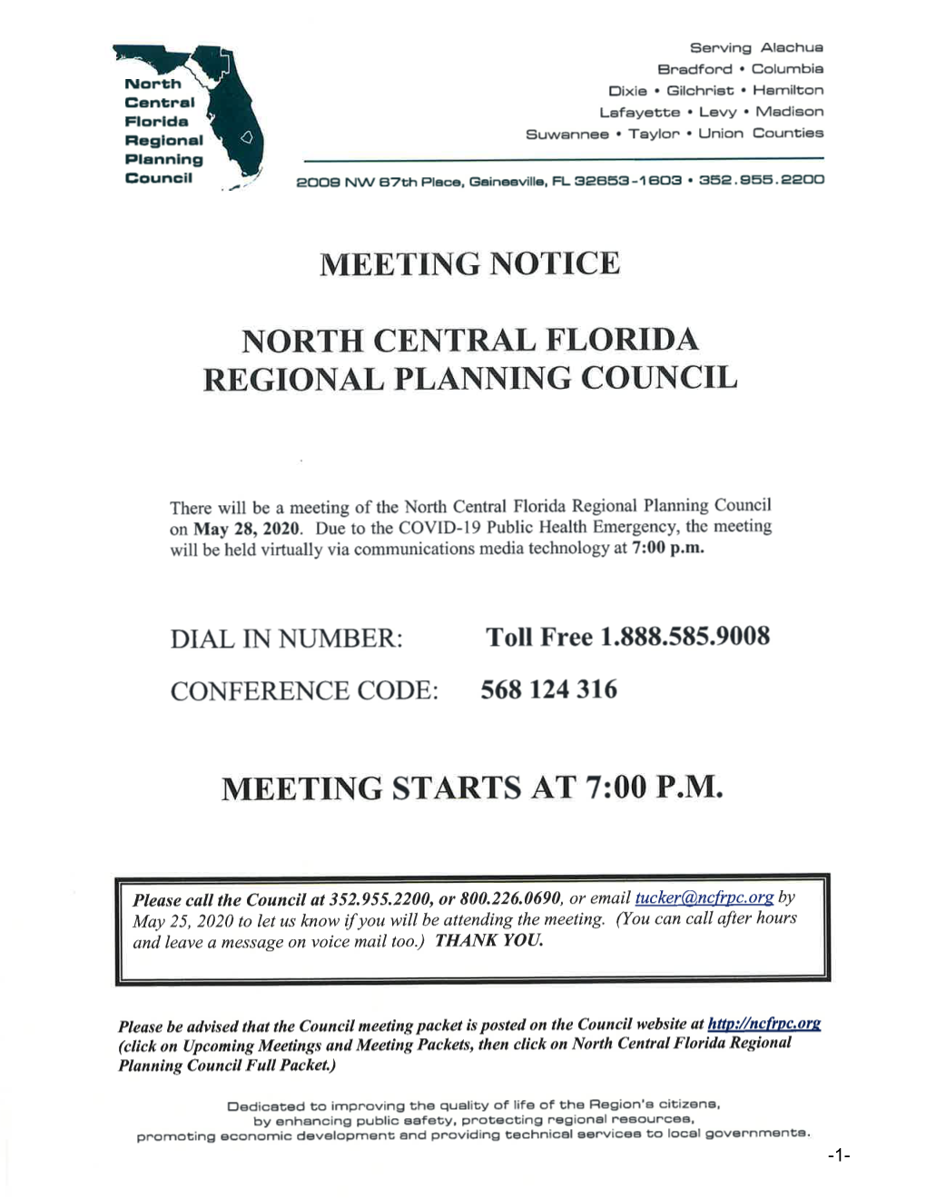 Meeting Notice North Central Florida Regional Planning