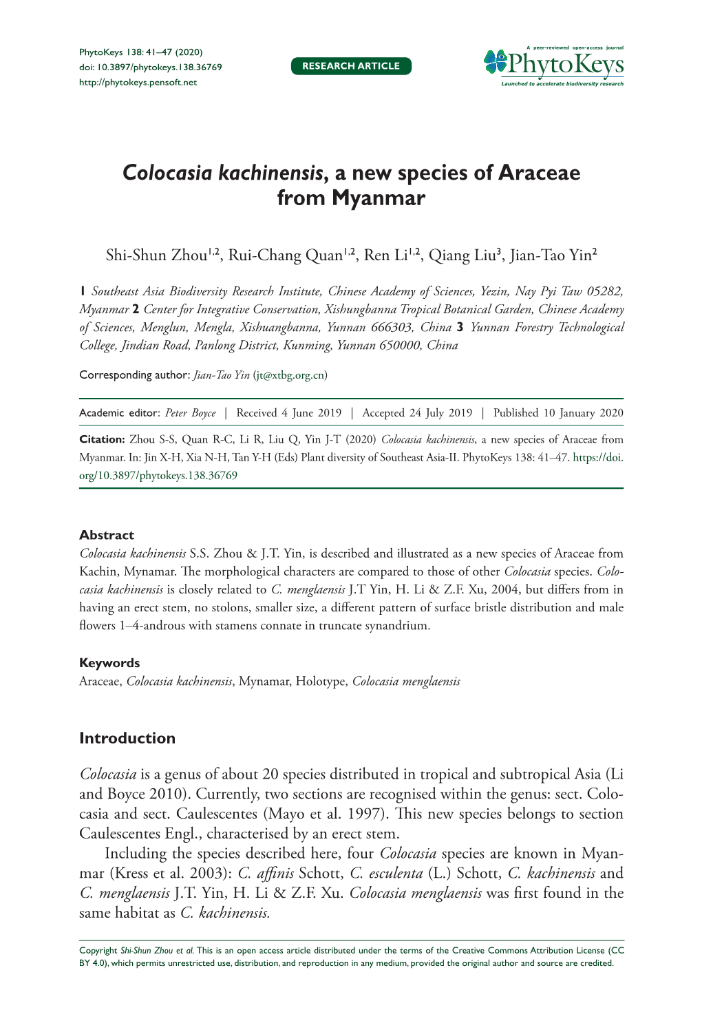 Colocasia Kachinensis, a New Species of Araceae from Myanmar