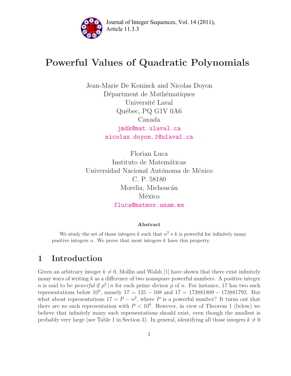 Powerful Values of Quadratic Polynomials