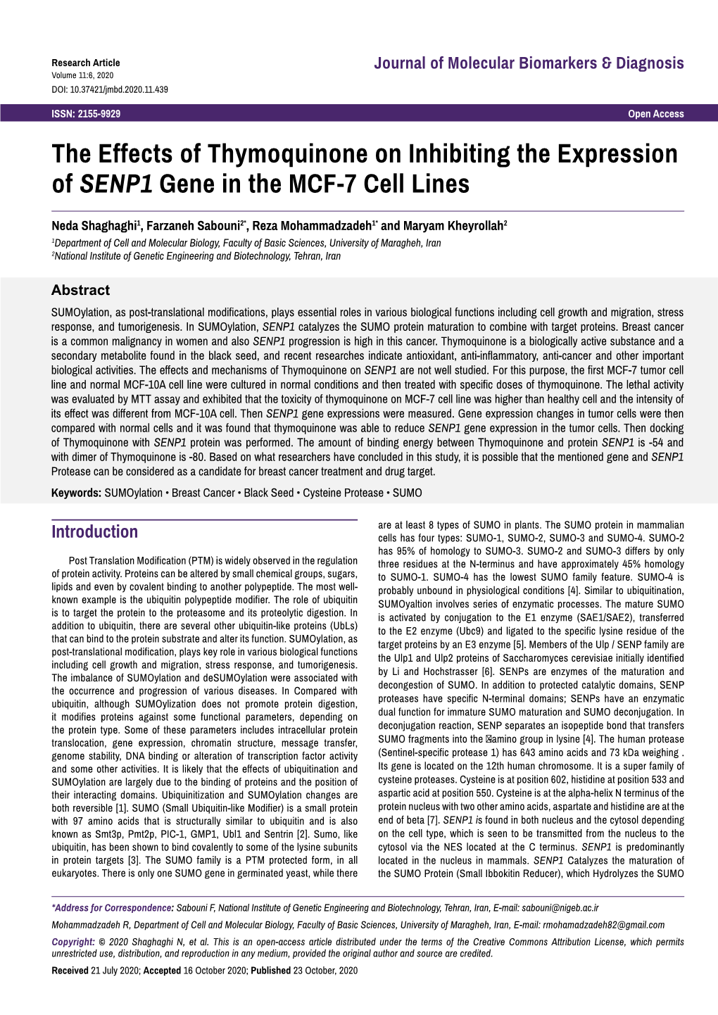 The Effects of Thymoquinone on Inhibiting the Expression of SENP1 Gene in the MCF-7 Cell Lines