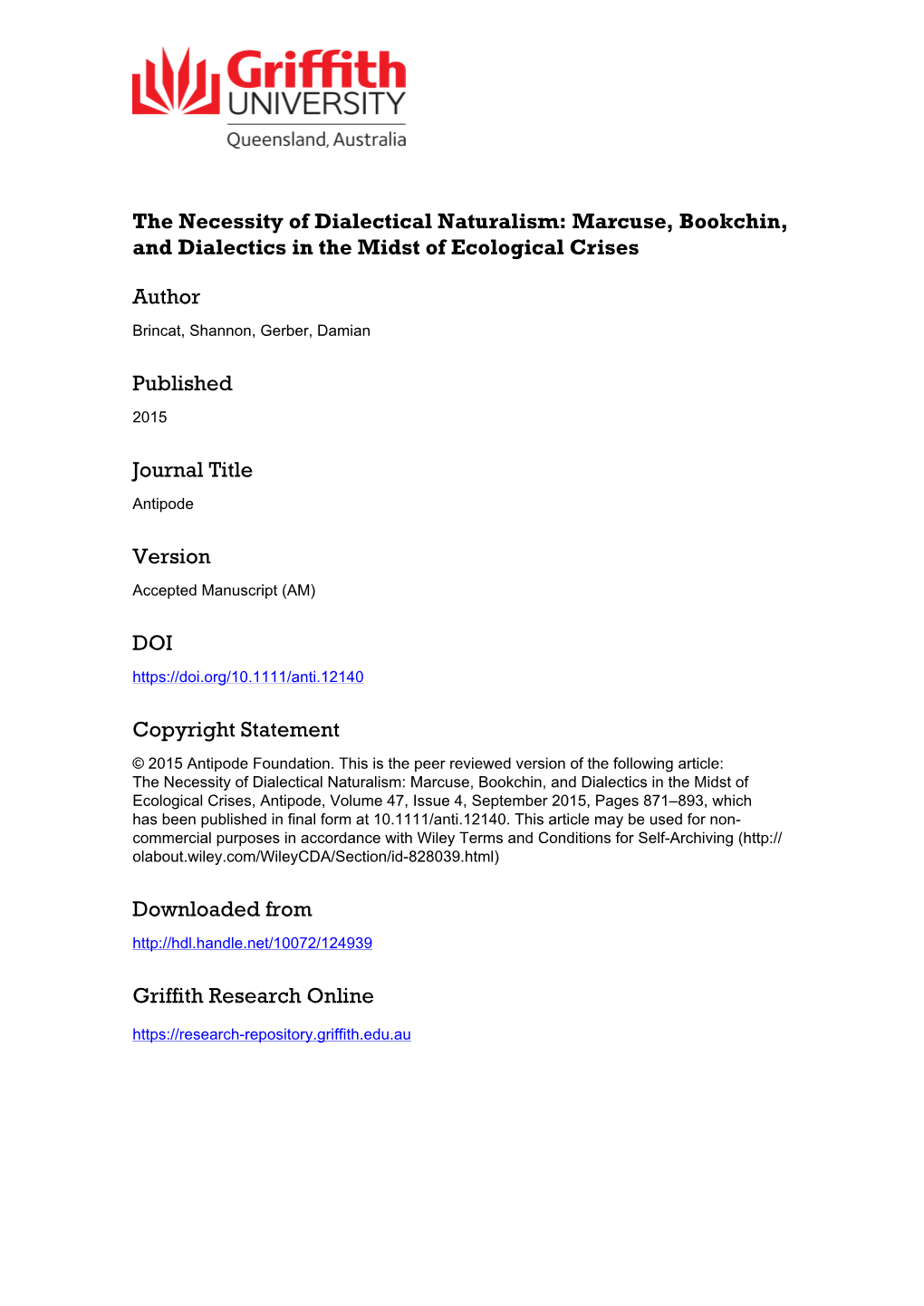 The Necessity of Dialectical Naturalism: Marcuse, Bookchin and Dialectics in the Midst of Ecological Crises