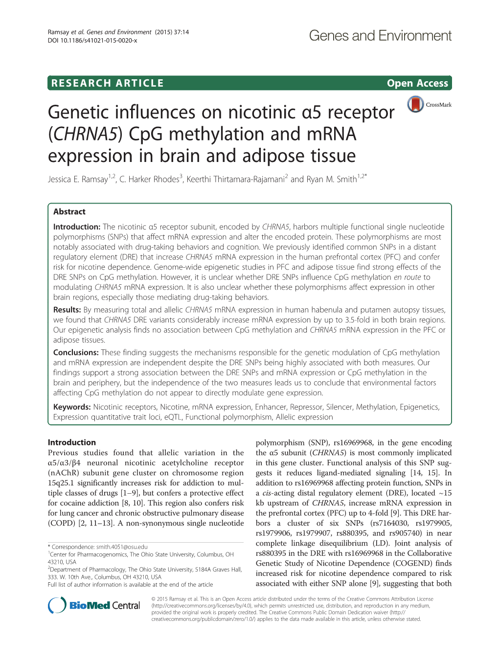 (CHRNA5) Cpg Methylation and Mrna Expression in Brain and Adipose Tissue Jessica E