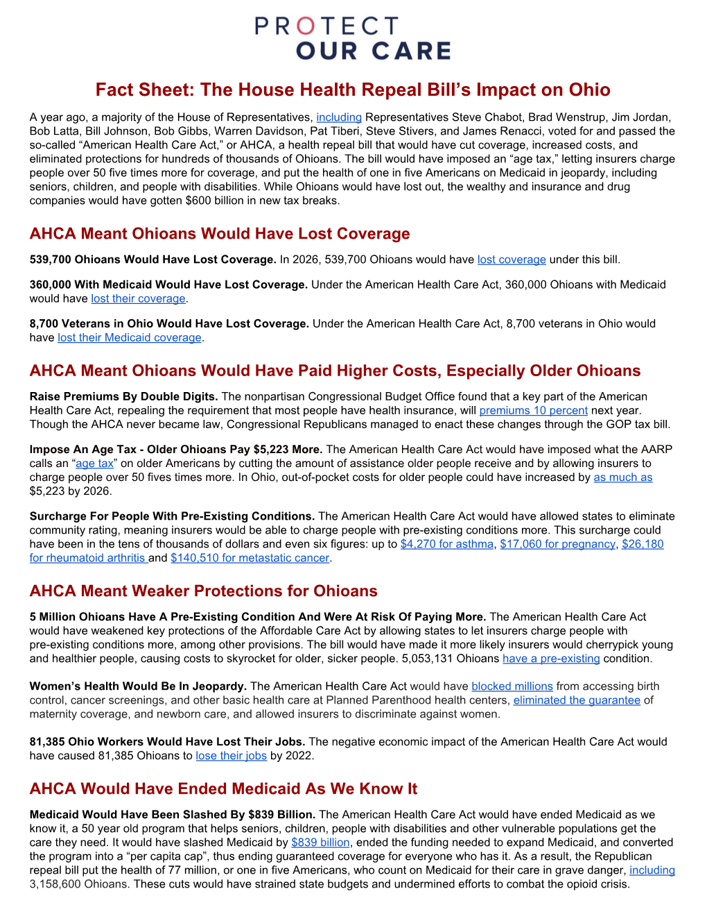 Fact Sheet: the House Health Repeal Bill's Impact on Ohio