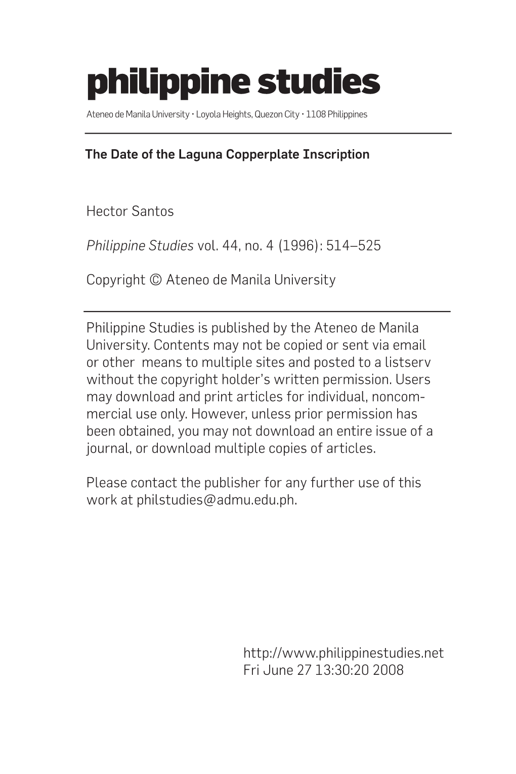 Philippine Studies Ateneo De Manila University • Loyola Heights, Quezon City • 1108 Philippines